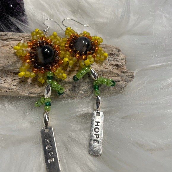 Hand Crafted Jewelry - Sunflower HAND CRAFTED Summer Dangling Earrings With Brown Agate Crystal